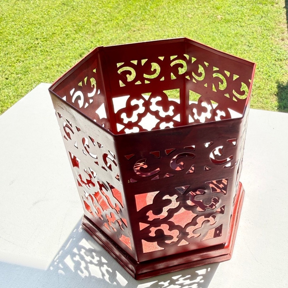 Candle Holder Red Hexagon Filigree Pierced Metal Pillar Boho‎